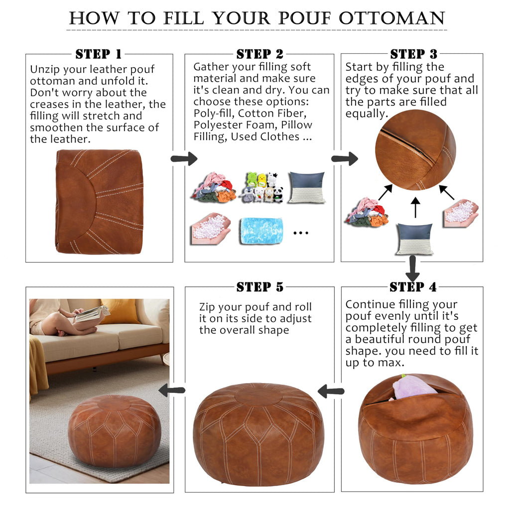 Unstuffed Moroccan Faux Leather Pouf Ottoman Cover with Storage - Boho Chic Multi-Use Footrest - Round Ethnic Floor