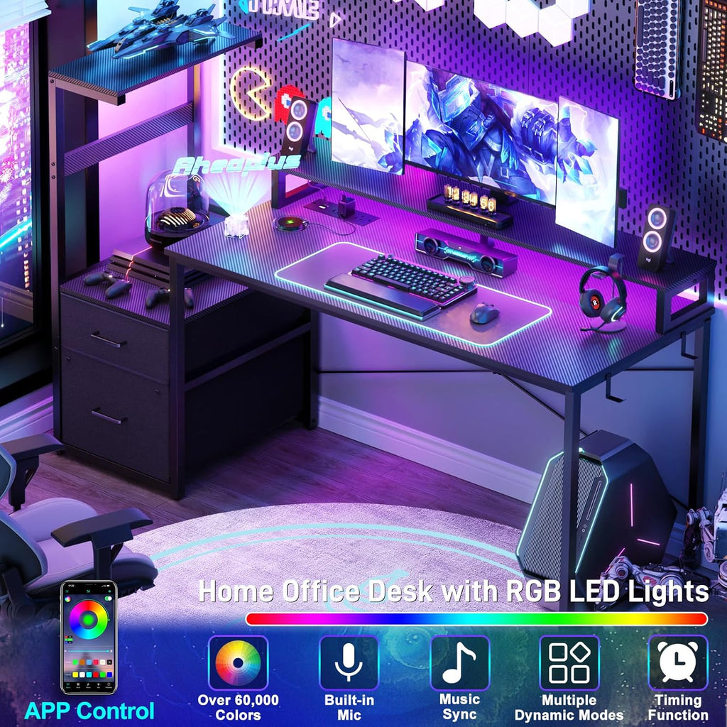 59" Gaming Desk with RGB LED & Power Outlet &PC Case/Printer Stand | Reversible Computer Desk with Monitor Stand &