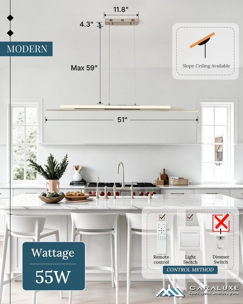 3 LED Linear Pendant Light 52 inch Nickel Island Light Dimmable