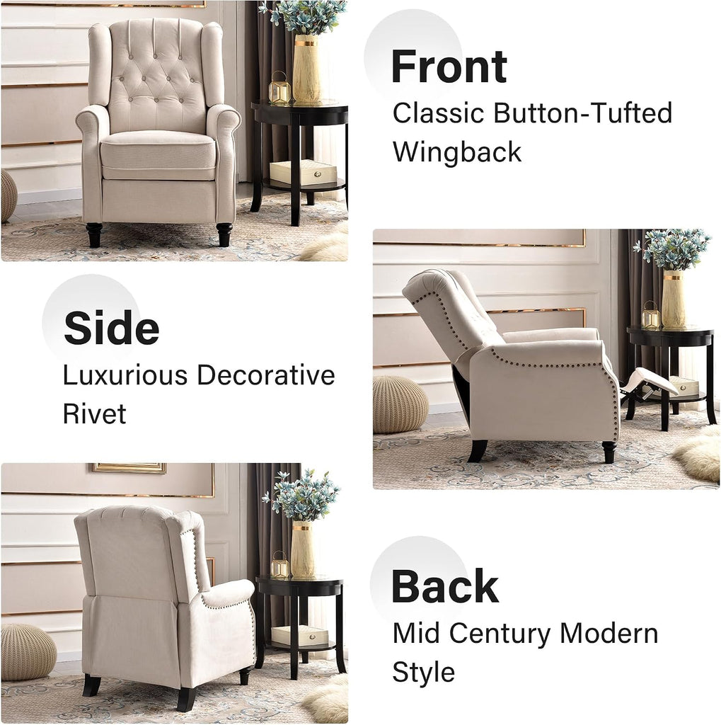 Push Back Recliner Chair, Mid Century Modern Wingback Chair, Comfy Armchair Fabric Living Room Chairs with Rivet