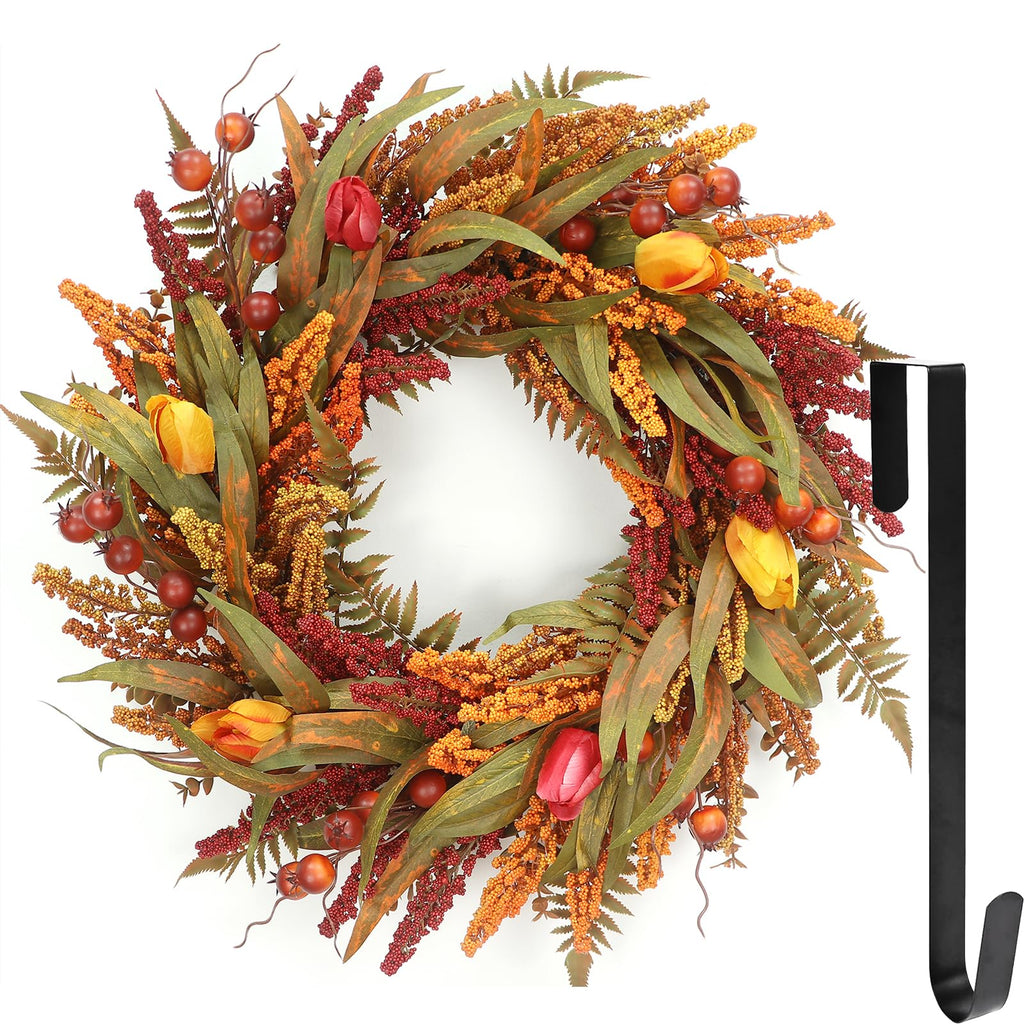 24" Fall Wreath for Front Door, Cattails Berries Thanksgiving Autumn Wreaths