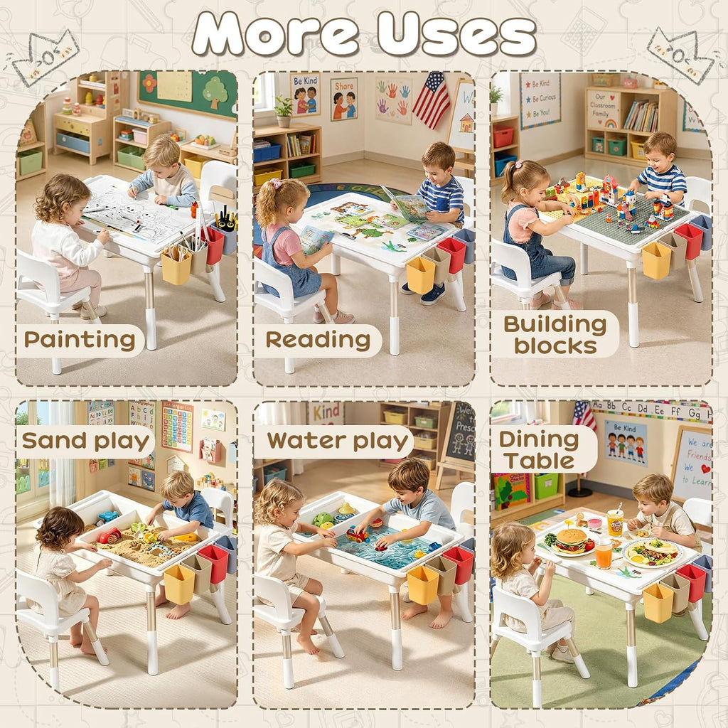 Kids Table and Chair Set with Storage, 6 in 1 Height Adjustable Toddler Table and 2 Chair Set, Toddler Kids Activity