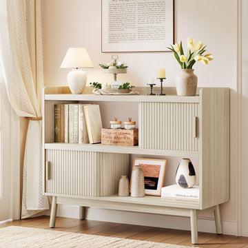 44" Sideboard Buffet Cabinet with Outlet/Sliding Door Natural White