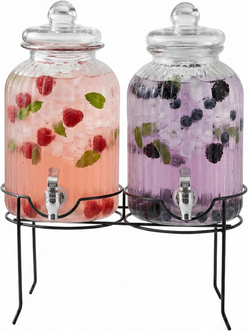 Canyon Beverage Dispenser Cold Drink Dispenser w/ 1.3-Gallon Capacity each Glass Jug, Metal Rack & - Set of 2