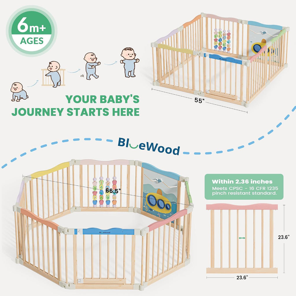 Foldable Wooden Playpen, 55 x 55 x 24 inches, Ocean Adventure, Colorful | Adjustable Wood Baby Play Yard with