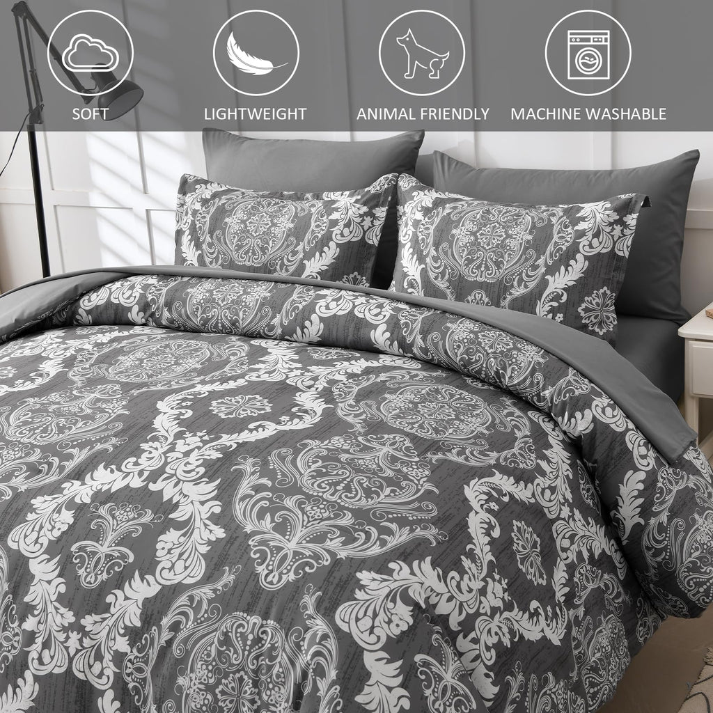 Dark Grey Comforter Set King Size, Damask Texture 7 Pieces Bed in a Bag Microfiber Comforter Bedding Sets -1