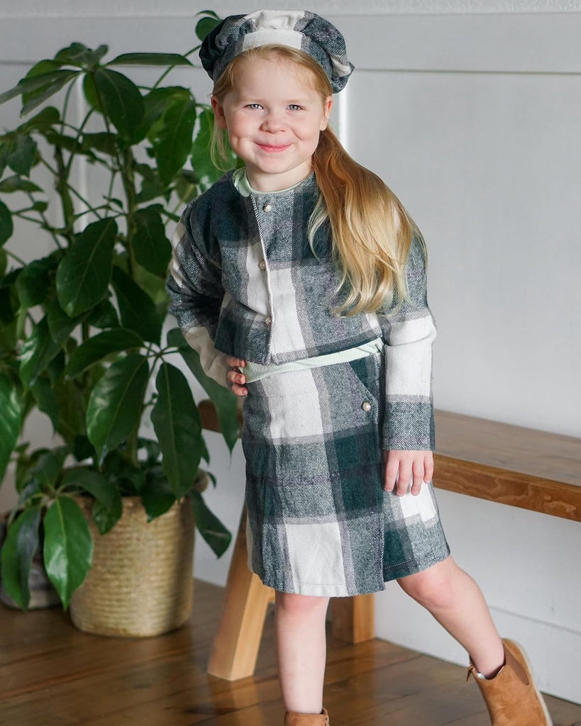 Toddler Girl 4 Pieces Outfits Ruffles Long Sleeve Tops Plaid Skirt Jacket And Hat Fall Winter Clothes Set