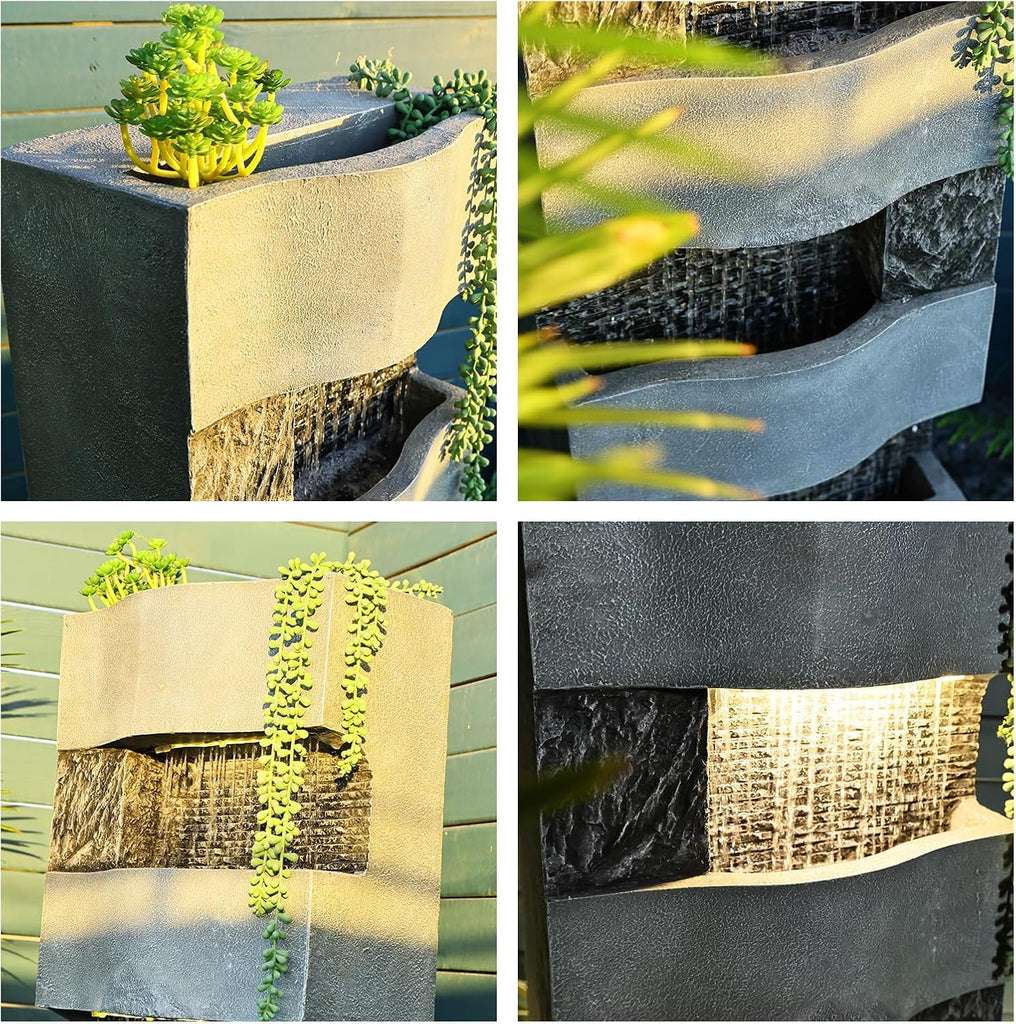 40.5" H Modern Outdoor Water Fountain with LED Lights - Tall Garden Waterfall Fountain
