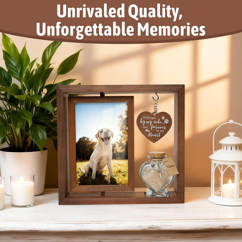 Dog Memorial Gifts for Loss of Pet - Rotating Wooden Frame for 4x6 Photo & Fur Hair Jar - Sympathy Gift for Pet