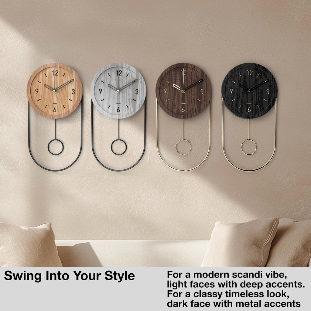Small Unique Oval Wood Pendulum Wall Clock - Modern Walnut and Gold