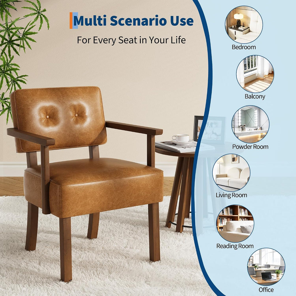Mid-Century Accent Chair with Wood Frame, PU Leather Upholstered Lounge Arm Chair with Classic Button - Set of 2
