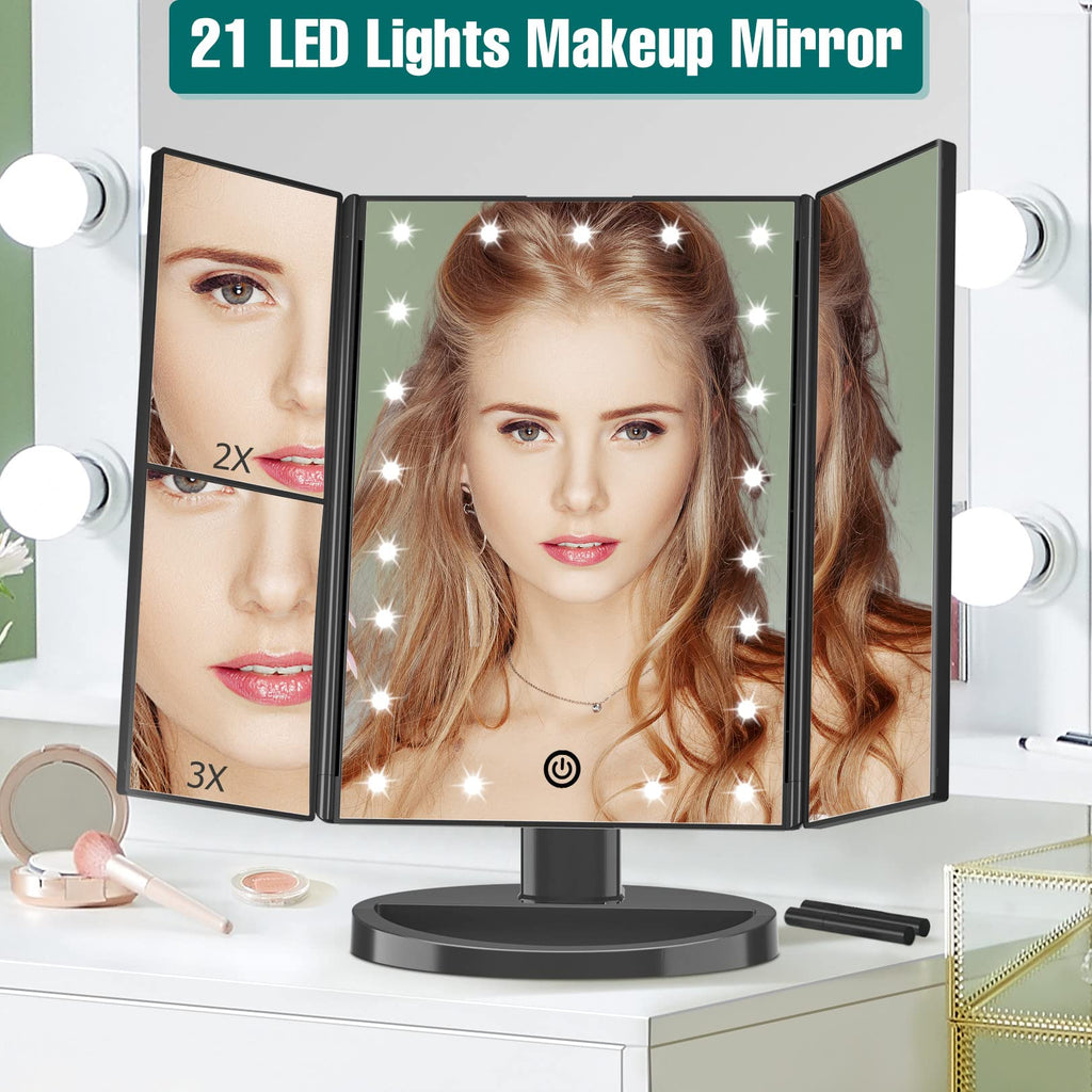 Lighted Makeup Mirror, 1-3X Magnifying Trifold LED Vanity Mirror