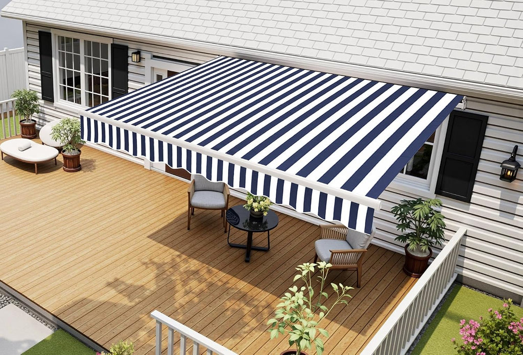 11.5x9.5 Feet Manual Retractable Patio Door Window Awning Sunshade Shelter Outdoor Canopy,1210 (Ocean Blue with White