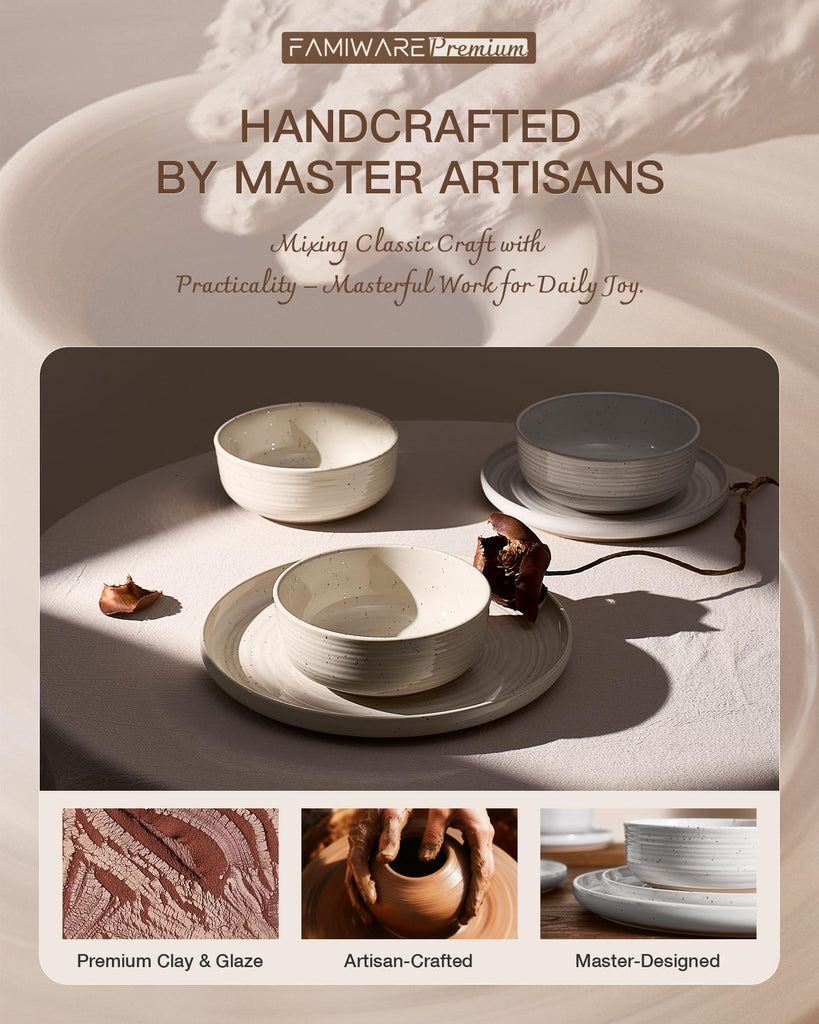 Stoneware Dinnerware Sets for 4, Coupe Plates & Bowls, White Reactive Glaze