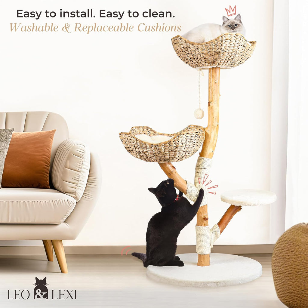 Aesthetic, Real Wood Modern Cat Tree. 46 inches Tall, Sturdy, Solid Natural Wood Tower for Large Cats. Scratching