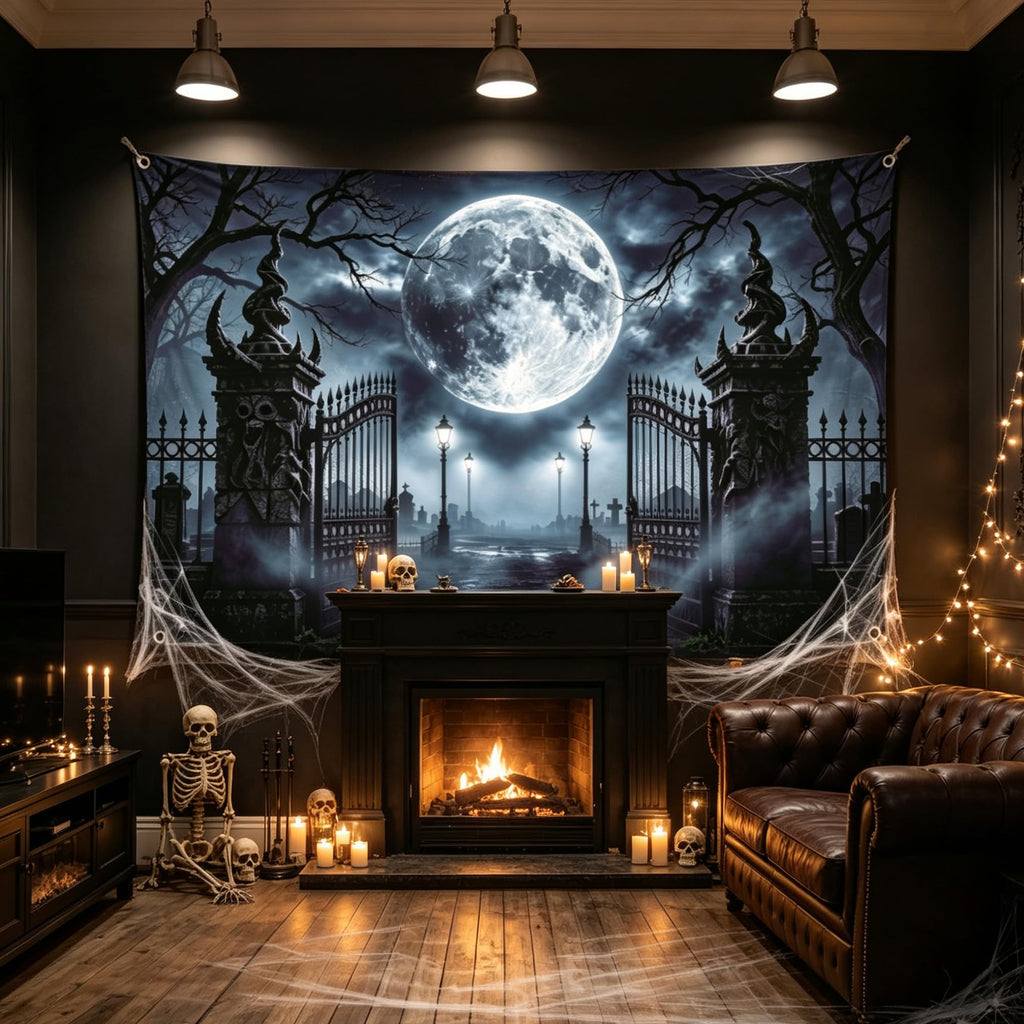 Halloween Backdrop 8x6FT with Spider Web Kit, Graveyard Cemetery Banner