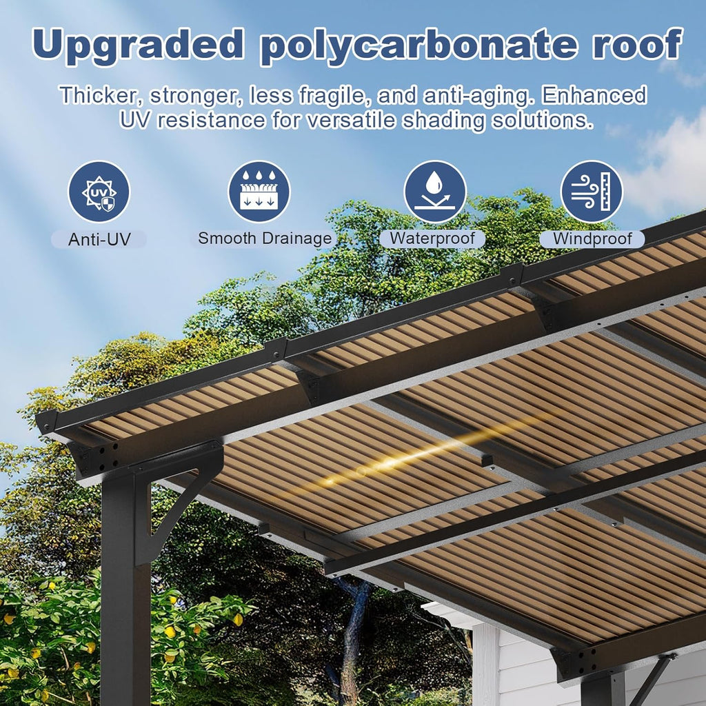 12' x 14' Wall-Mounted Lean-to Gazebo, Aluminum Pergola with Polycarbonate Roof & Solar Light – Black