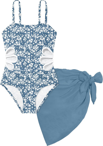 Girls Swimsuit Adjustable Straps Cut Out One Piece Bathing Suit with Solid Color Cover Up Skirt Girls' Swimwear