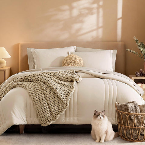 Monbix Queen Comforter Set - 7 Pieces Beige Bed in a Bag Queen Bedding Sets with Comforters
