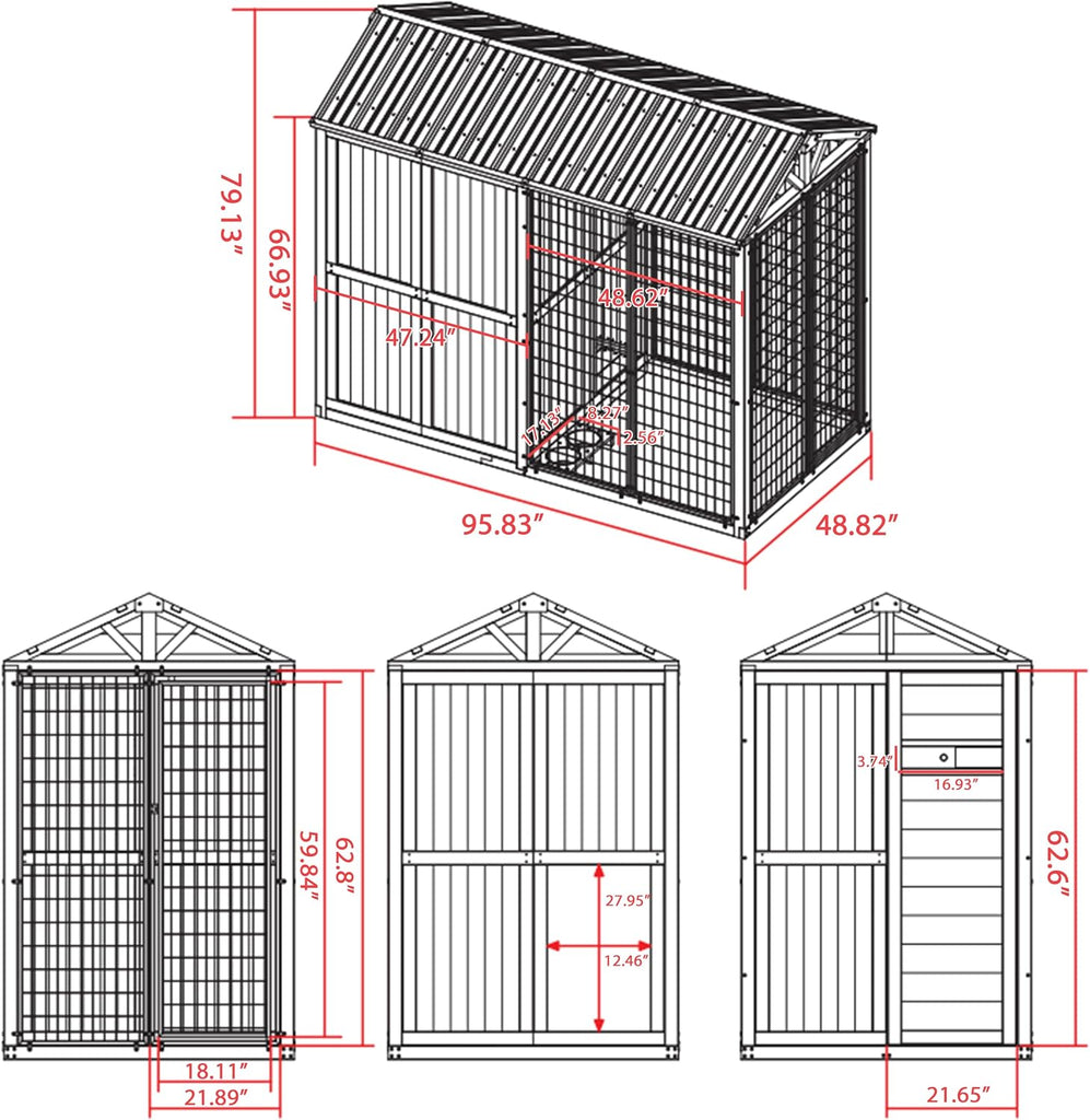4×8 FT Outdoor Dog House, Cedar Wood Large Dog Kennel, Steel Roof