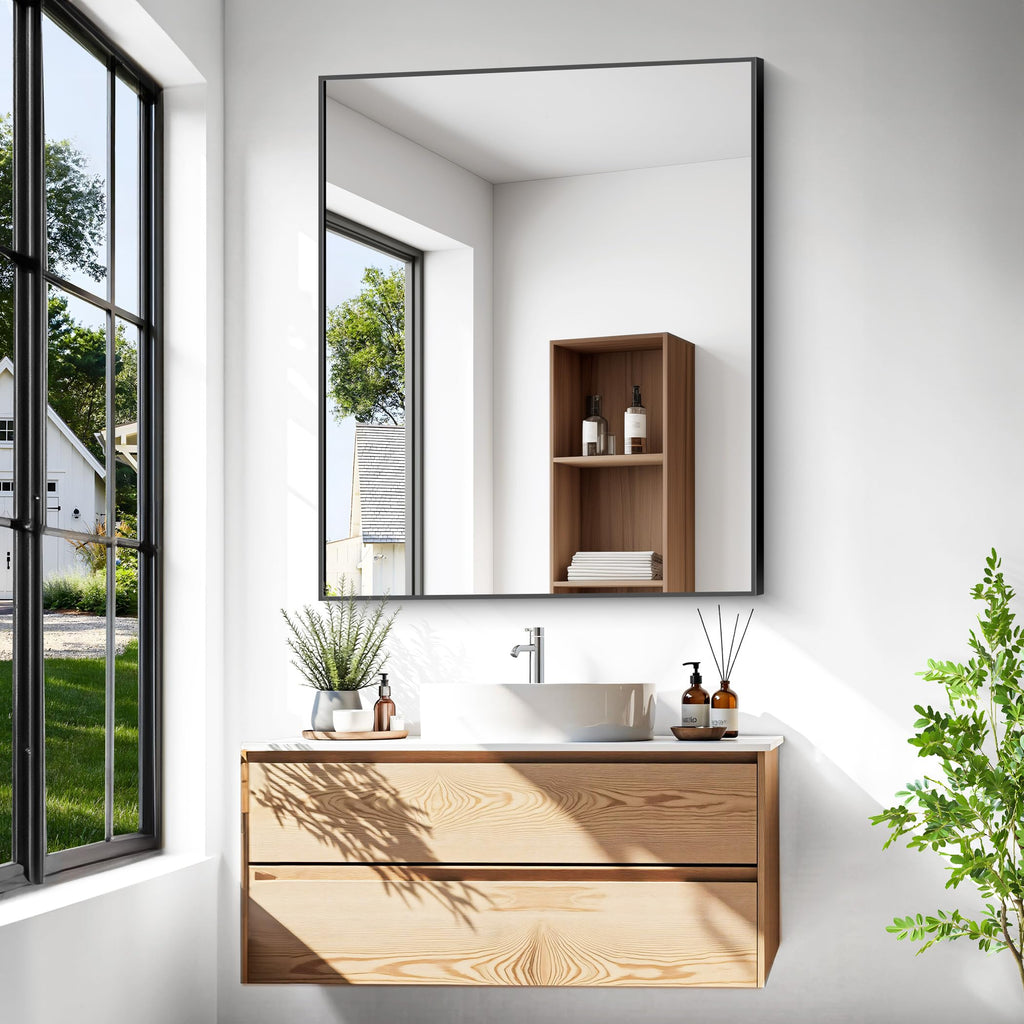 Bathroom Mirror,30x36 inch Wall Mirror Wall Mounted Black Rectangle Square Corner Mirrors, Black Bathroom Mirror