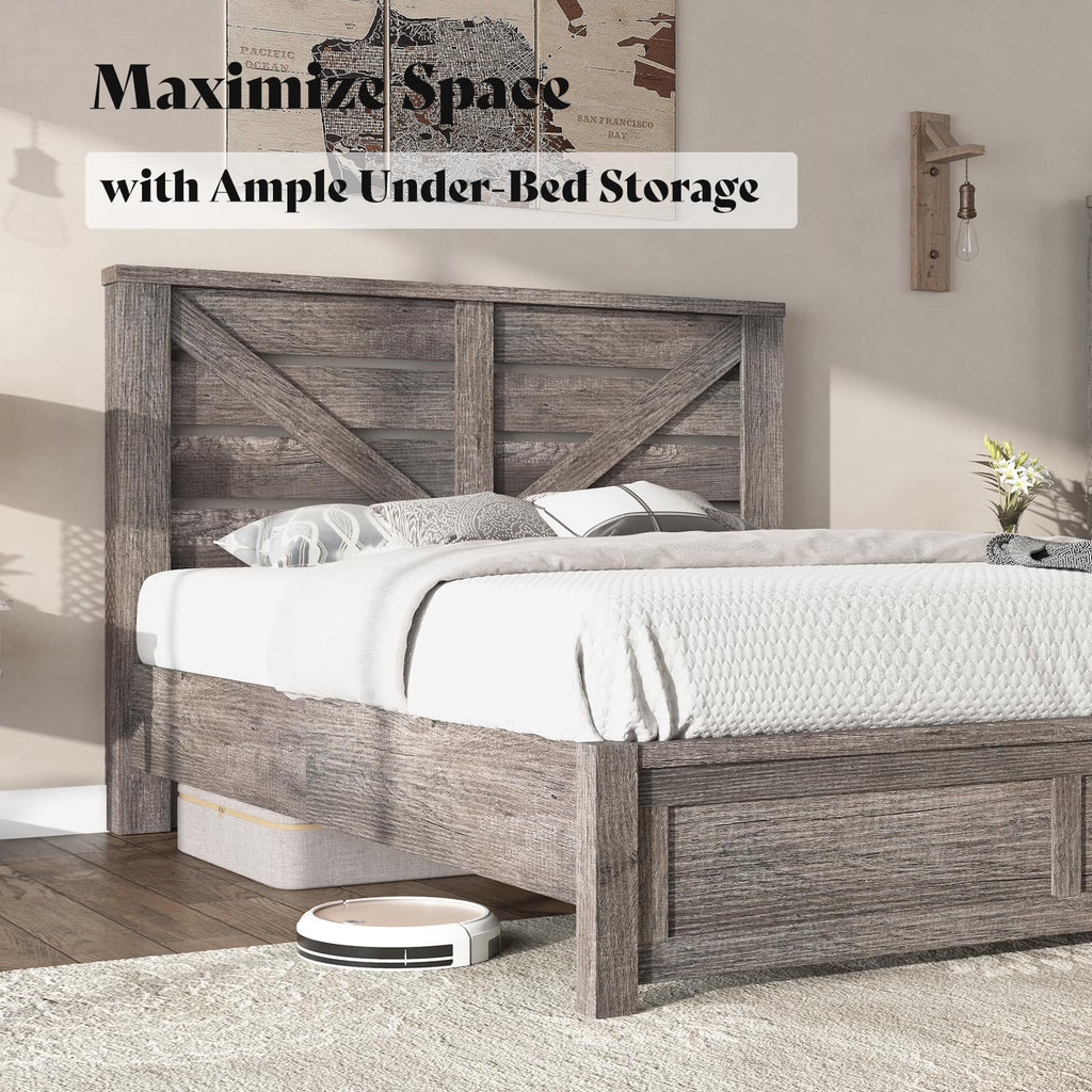 Farmhouse Bed Frame with 49.2"Barn Door Headboard, Gray