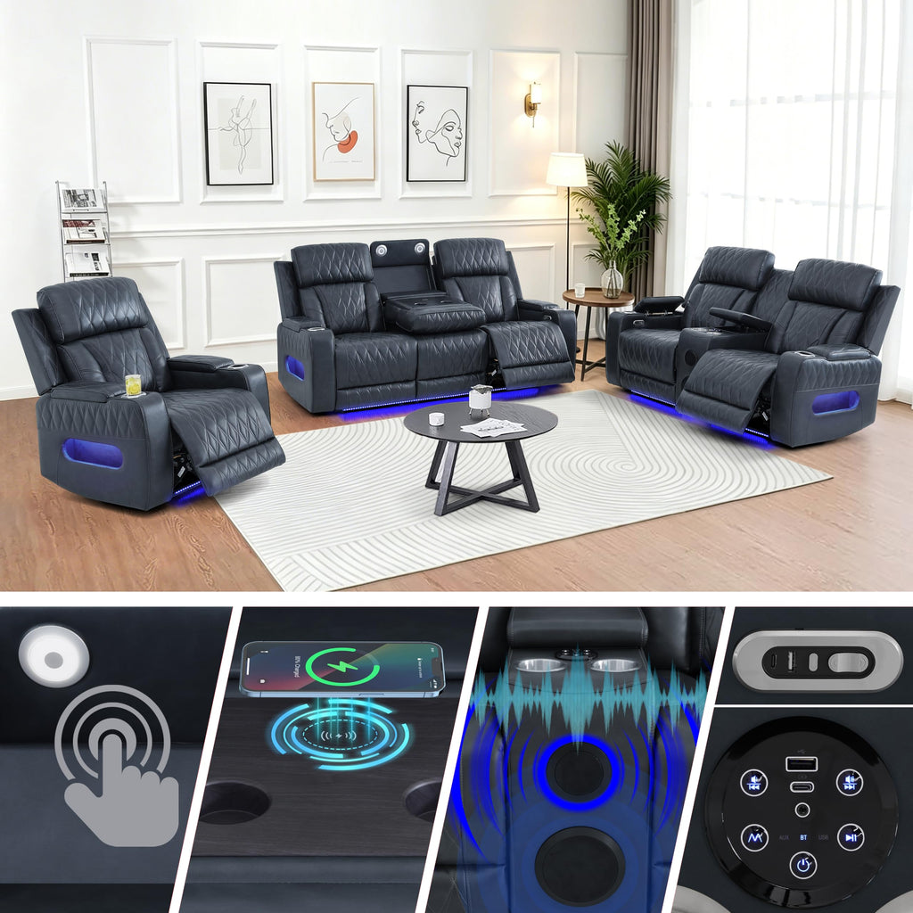 Breathing Leather Power Reclining Sofa Set, Living Room Furniture Set with Recliners, Leather Couch Loveseat and