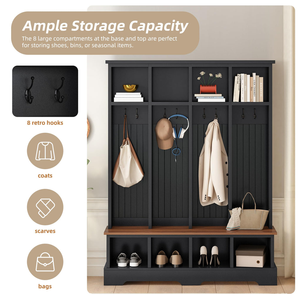 Hall Tree with Shoe Storage and Bench, Farmhouse Storage Organizer, Modern 3-in-1 Entryway Bench with Shoe Rack &