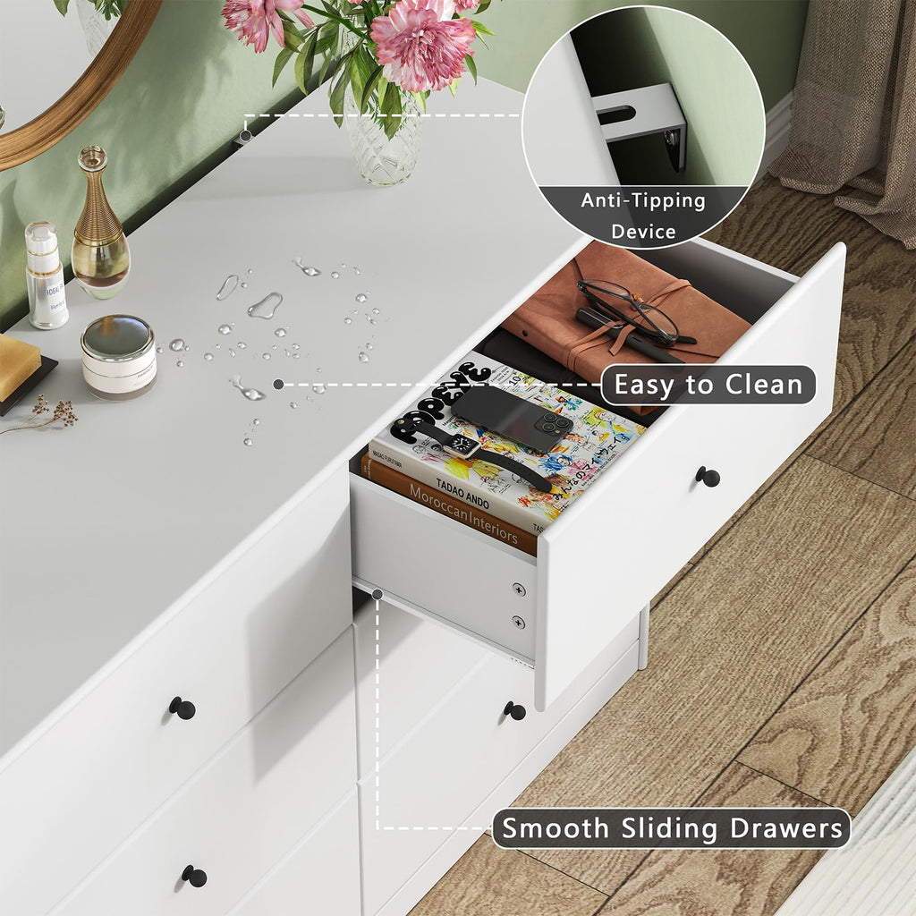 6 Drawer, 47.2" Wide, White