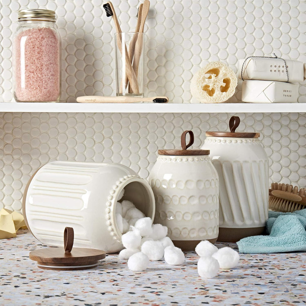 Tabletops Gallery Ceramic Canister Collection- Stoneware Designed Kitchen Storage Embossed Acacia Wood White Set, 3 - Set of 3