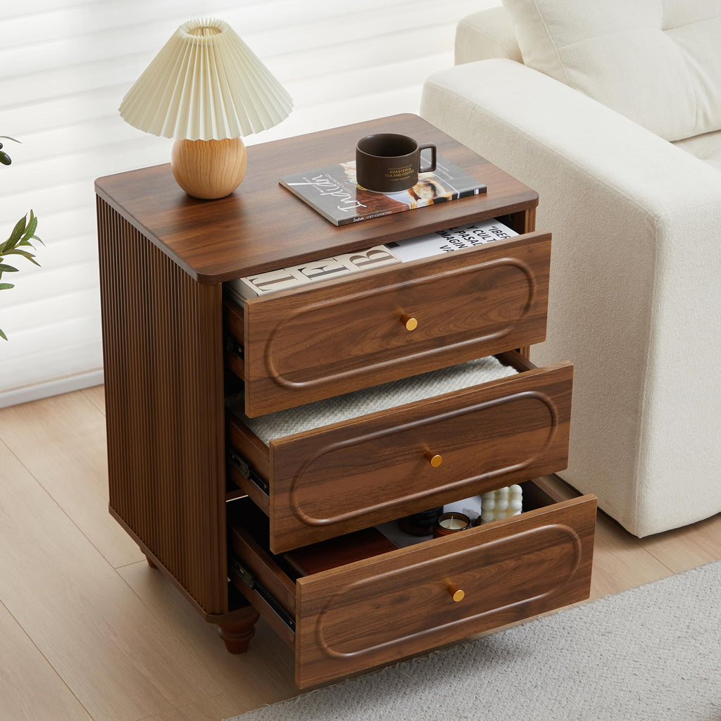 3 Drawer Fluted Dresser, Mid Century Modern Chest of Drawers, Wood Storage Small Dresser Organizer Living Room