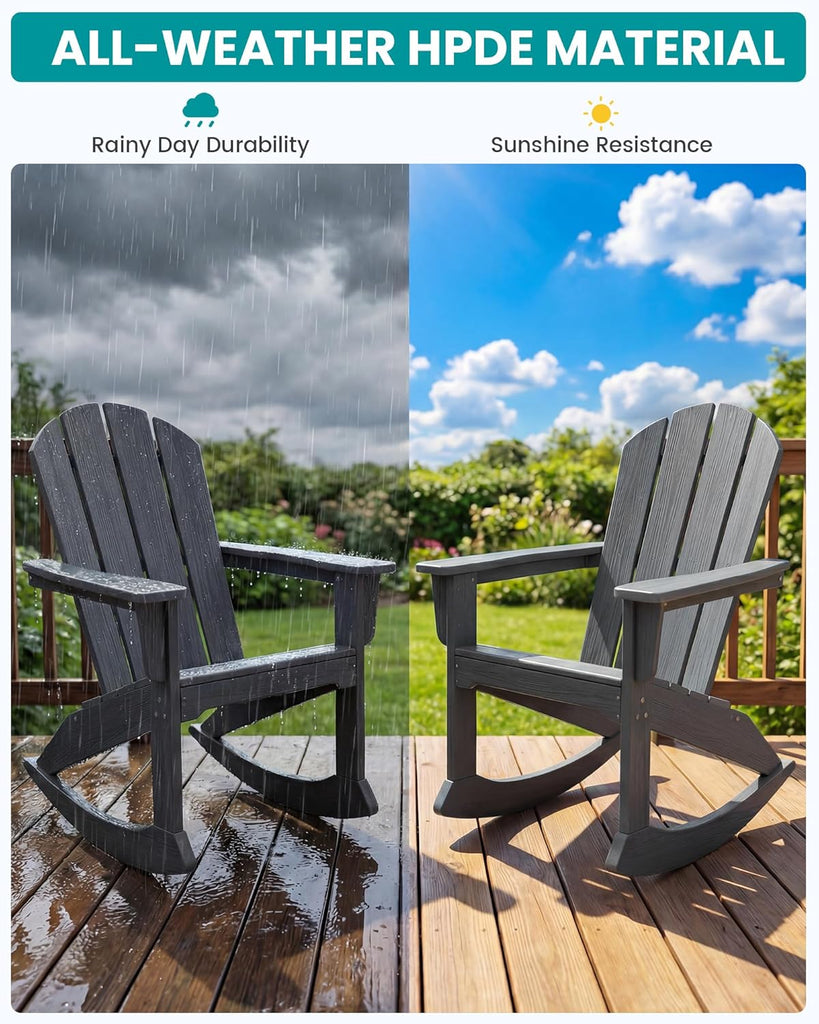 Outdoor HDPE Adirondack Rocking Chairs Set of 2, All-Weather, Grey | The rocking chair features safe rocking design