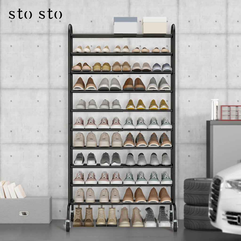 10-Tier Expandable Tall Shoe Rack for Garage, 44 Pairs, Black