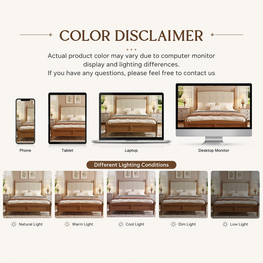 Farmhouse Platform Bed Frame with Curved Upholstered Headboard, Walnut