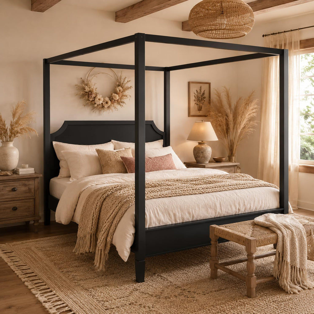 Wooden Canopy Platform Bed Frame with Headboard, 4-Poster Black Canopy Bed Frames with Sturdy Legs, Classic