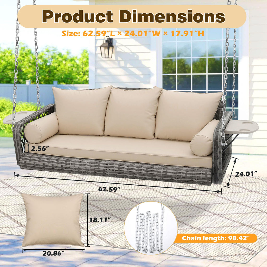 3 Seat Hanging Wicker Porch Swing with Cup Holders, 800Lbs