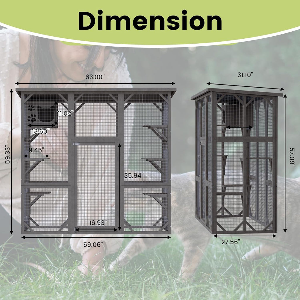 63Inches Cat House, Large Outdoor Wooden Cat Enclosure w/Resting Box