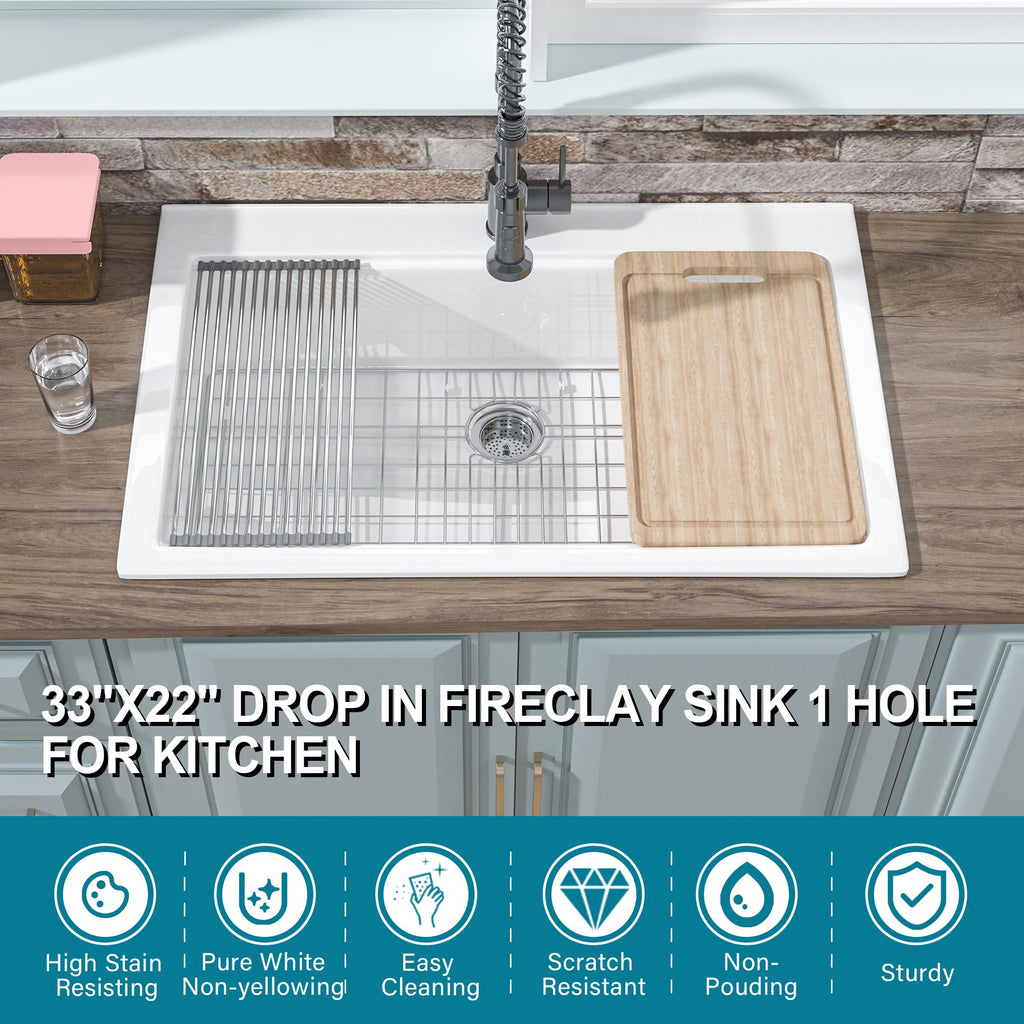 33" x 22" Drop In Fireclay Workstation Kitchen Sink White 1 Hole