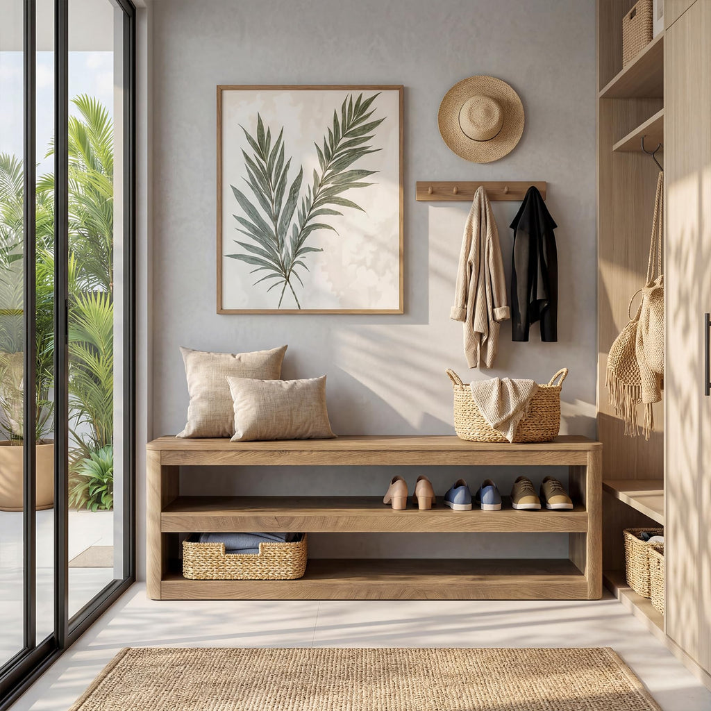 55" Farmhouse Entryway Bench, 3-Tier Open Storage Shoe Bench with Rounded Corners, Wood Look Indoor End of Bed Seat