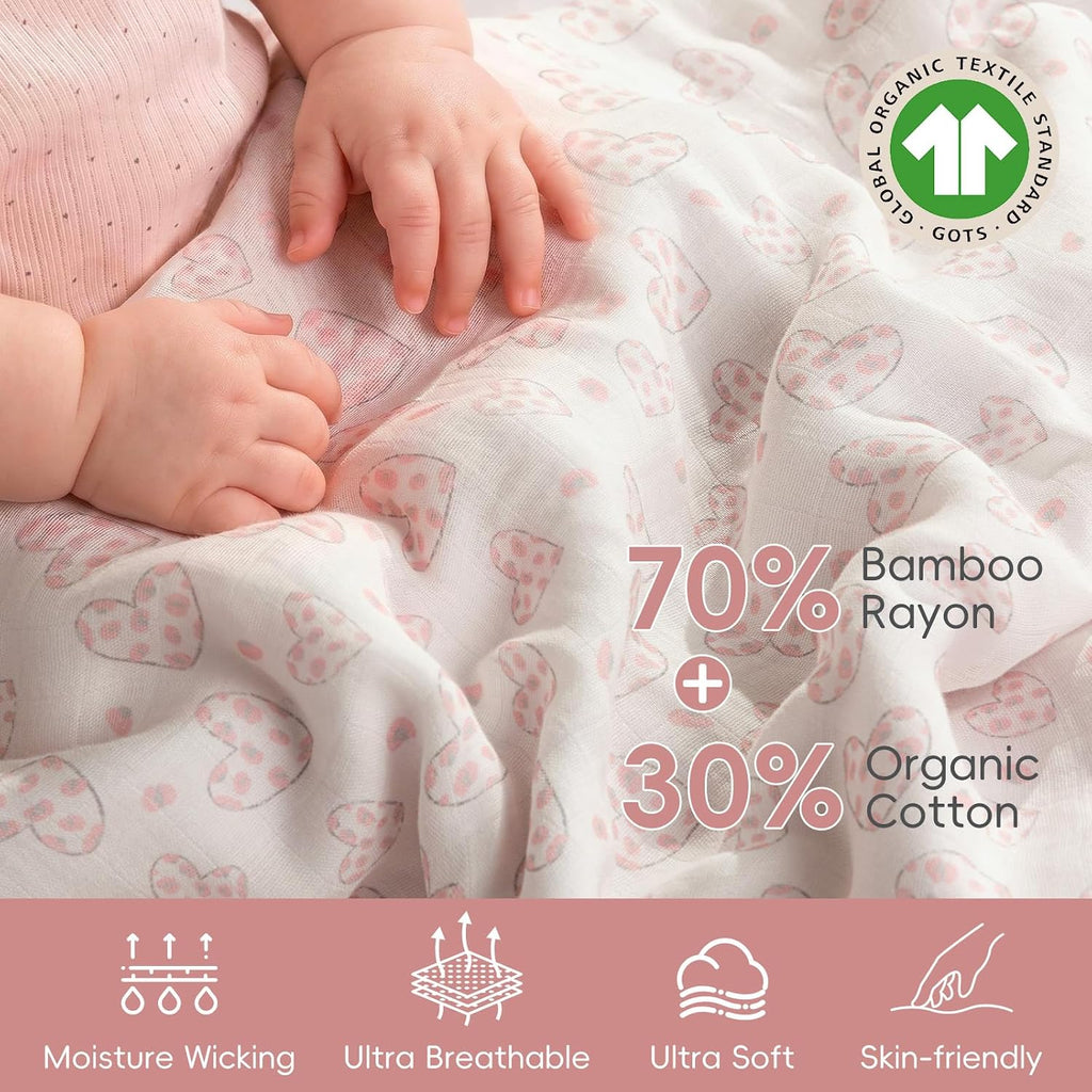 4 Pack Organic Rayon Derived from Bamboo & Cotton Muslin Swaddle Blankets, Soft Breathable Baby Receiving Blankets