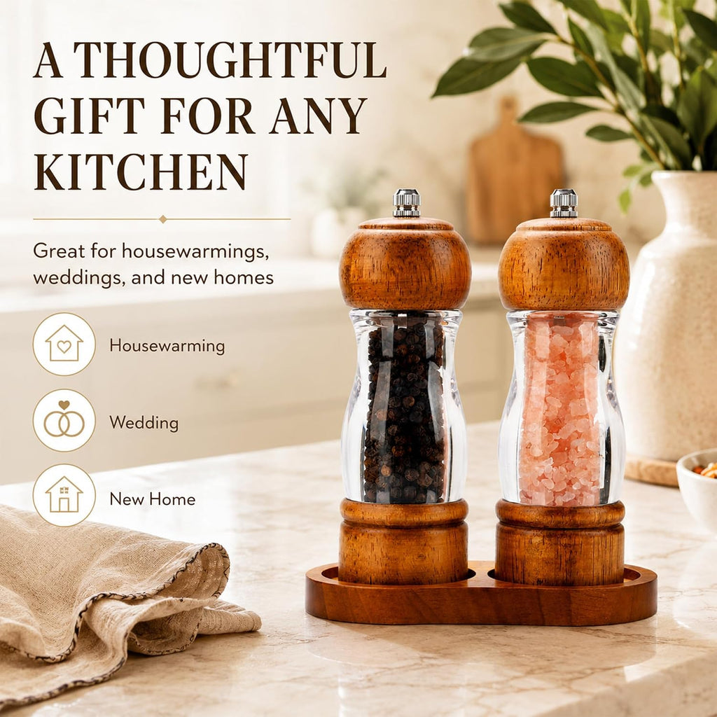 Manual Salt and Pepper Grinder Set, Oak Acrylic Mills with Tray - Set of 2