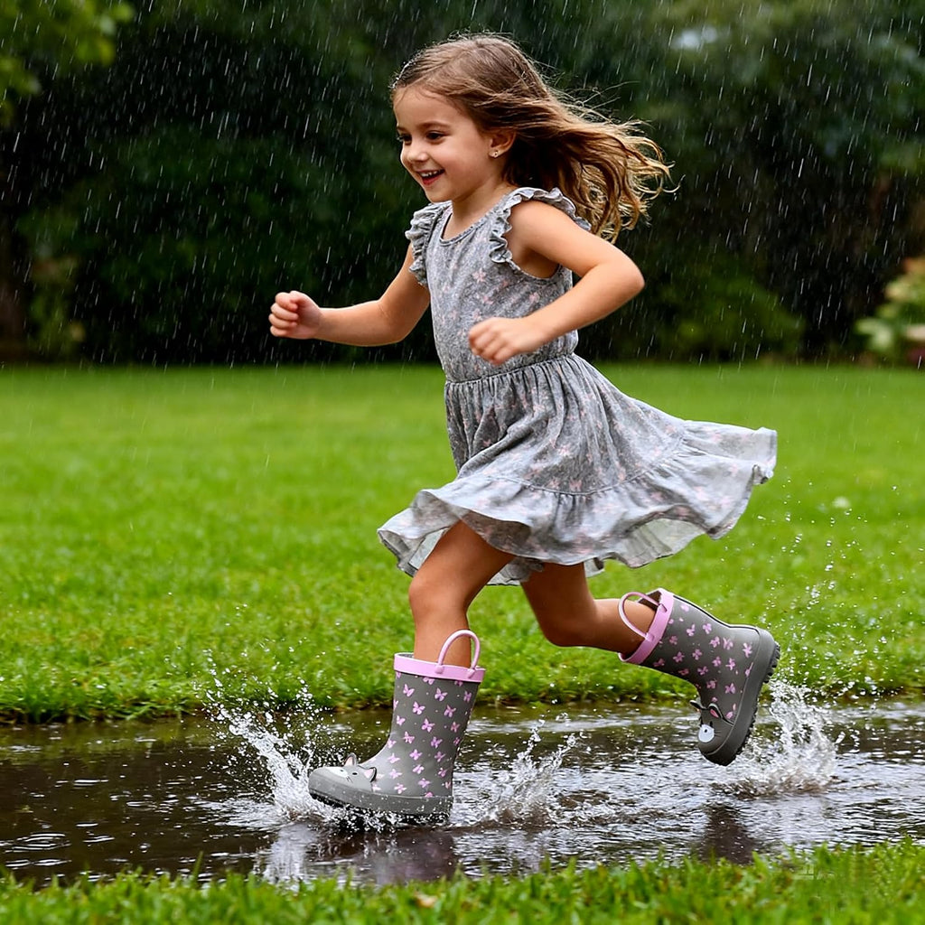 Toddler and Kids Rain Boots with Easy-On Handles, Unisex-Child Waterproof Rubber Rain Boots in Fun Patterns for Girls