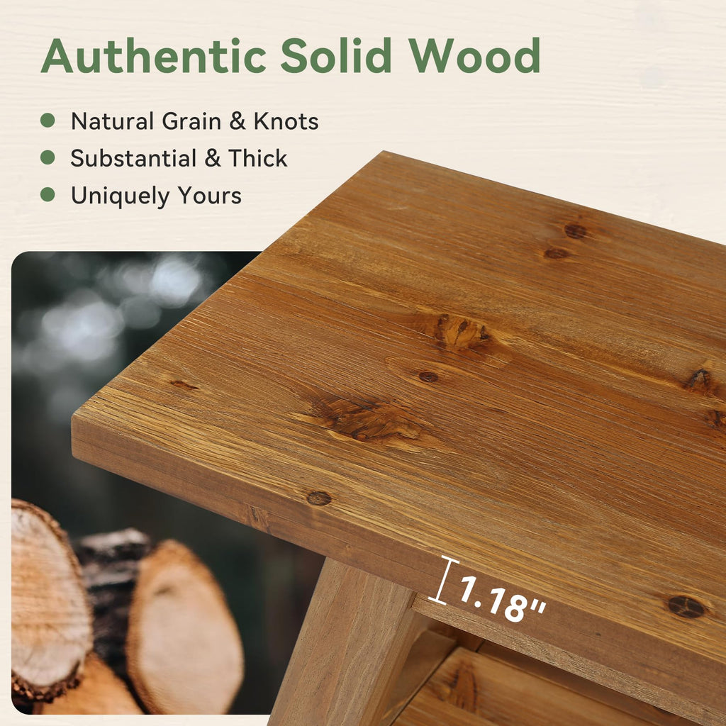Solid Wood 63" End of Bed Bench with Storage Shelves, Rustic 62.99" L Foot of Bed Bench, Upholstered Seat & Open Shelf