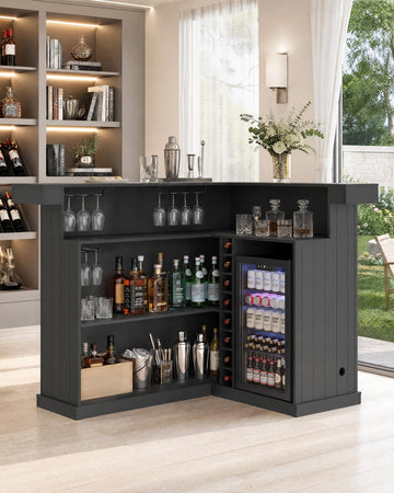 67" L Shaped Home Bar Cabinet with Fridge Space, Basement Bar
