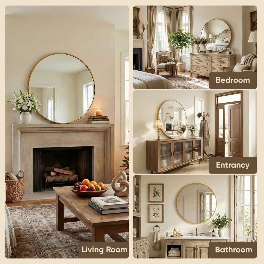 24 Inch Round Mirror for Wall, Round Bathroom Mirror, Circle Wall Mirrors with Gold Metal Frame, Circle Mirrors