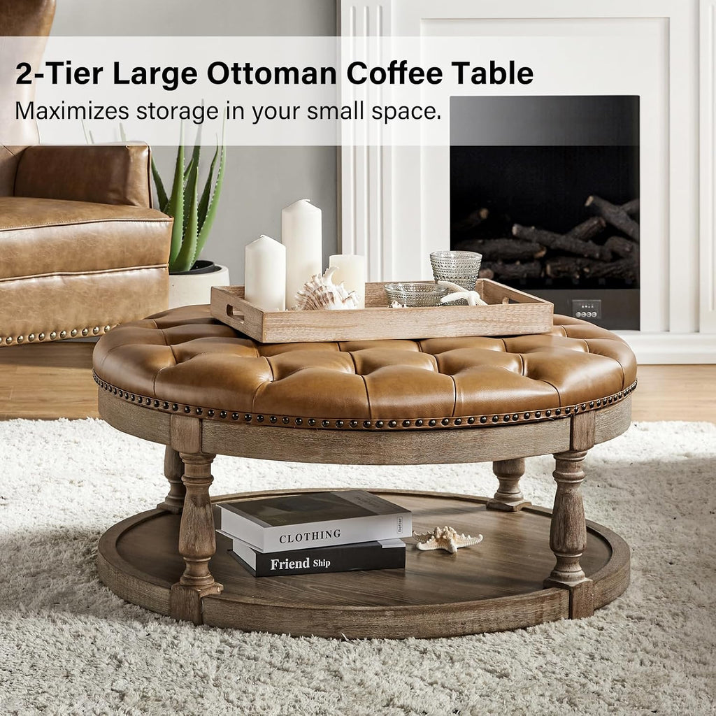 Faux Leather Ottoman Coffee Table , Large Round Button Tufted Cocktail, Upholstered Footrest Storage Ottoman with
