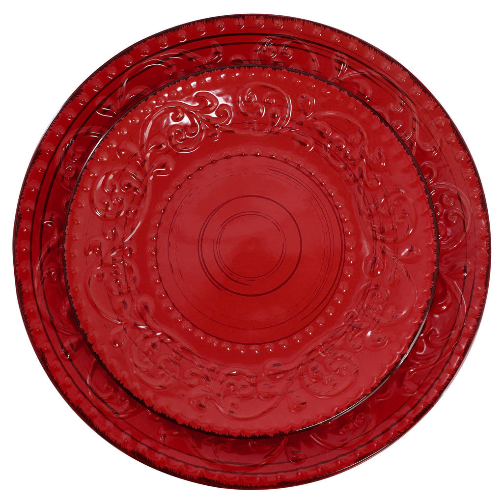 Malibu Ocean Bloom 16-Piece Stoneware Embossed Pattern Reactive Glaze Red Dinnerware Set, Tableware, Serveware Set