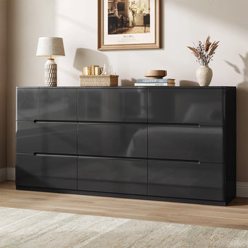 High Gloss Dresser, 60.2" Wide 9 Drawer Dresser, Black