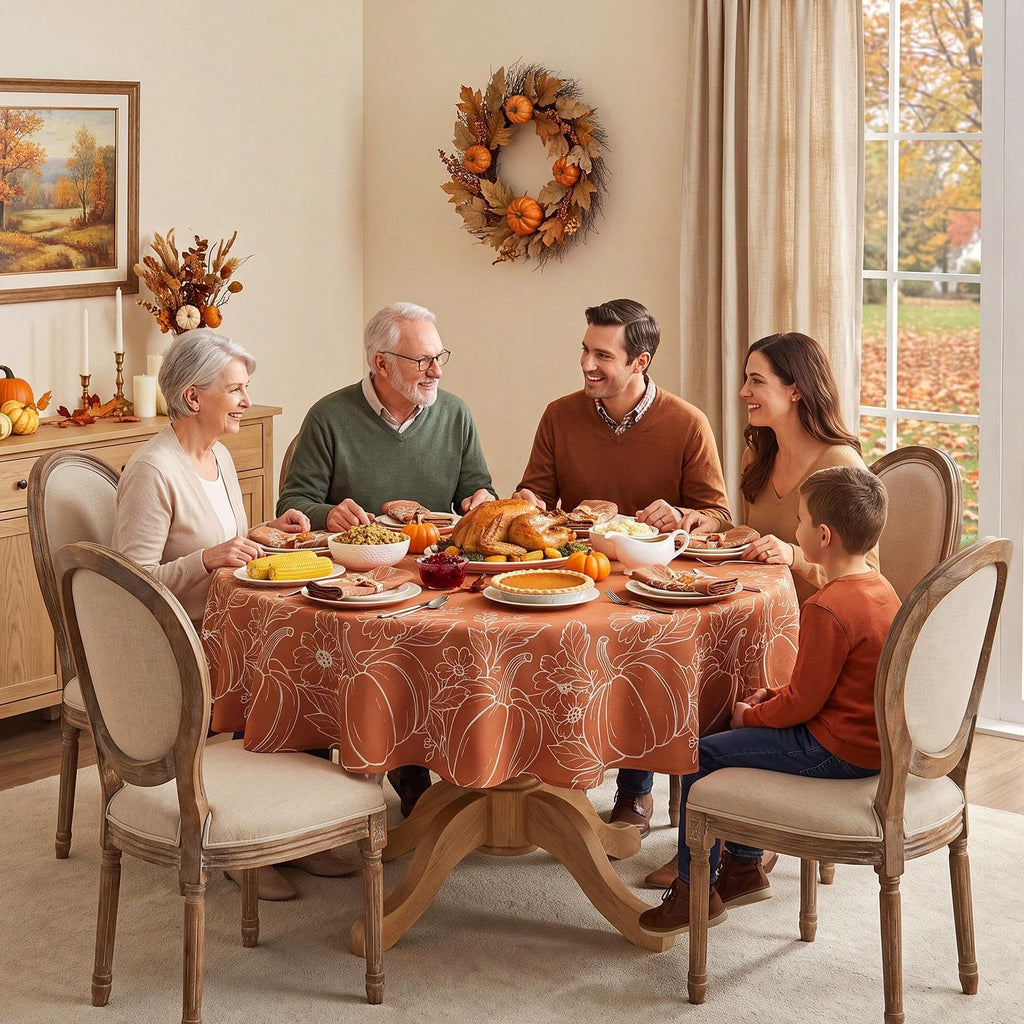 Faux Linen Round Fall Tablecloth 70 Inch, Autumn Table Cloth with Pumpkin & Maple Leaves, Orange Circle Table Cover