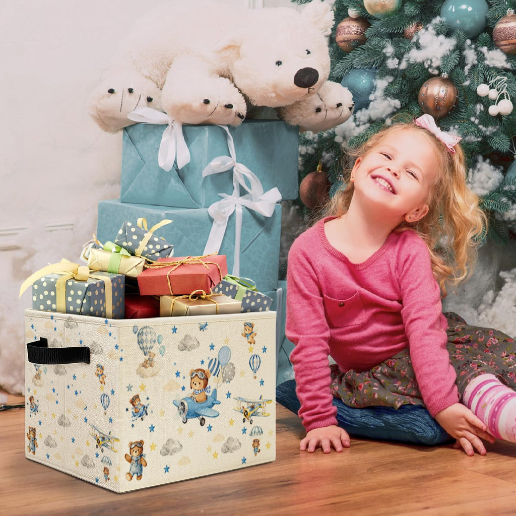 Blue Space Bear Storage Bins Box with Handles, Hot Air Balloon Bear Spaceman Laundry Basket Hamper Collapsible
